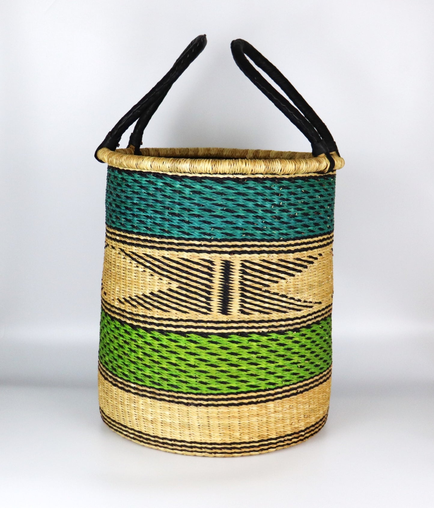 Lime Green, Turquoise, Natural Brown Round Laundry Log basket