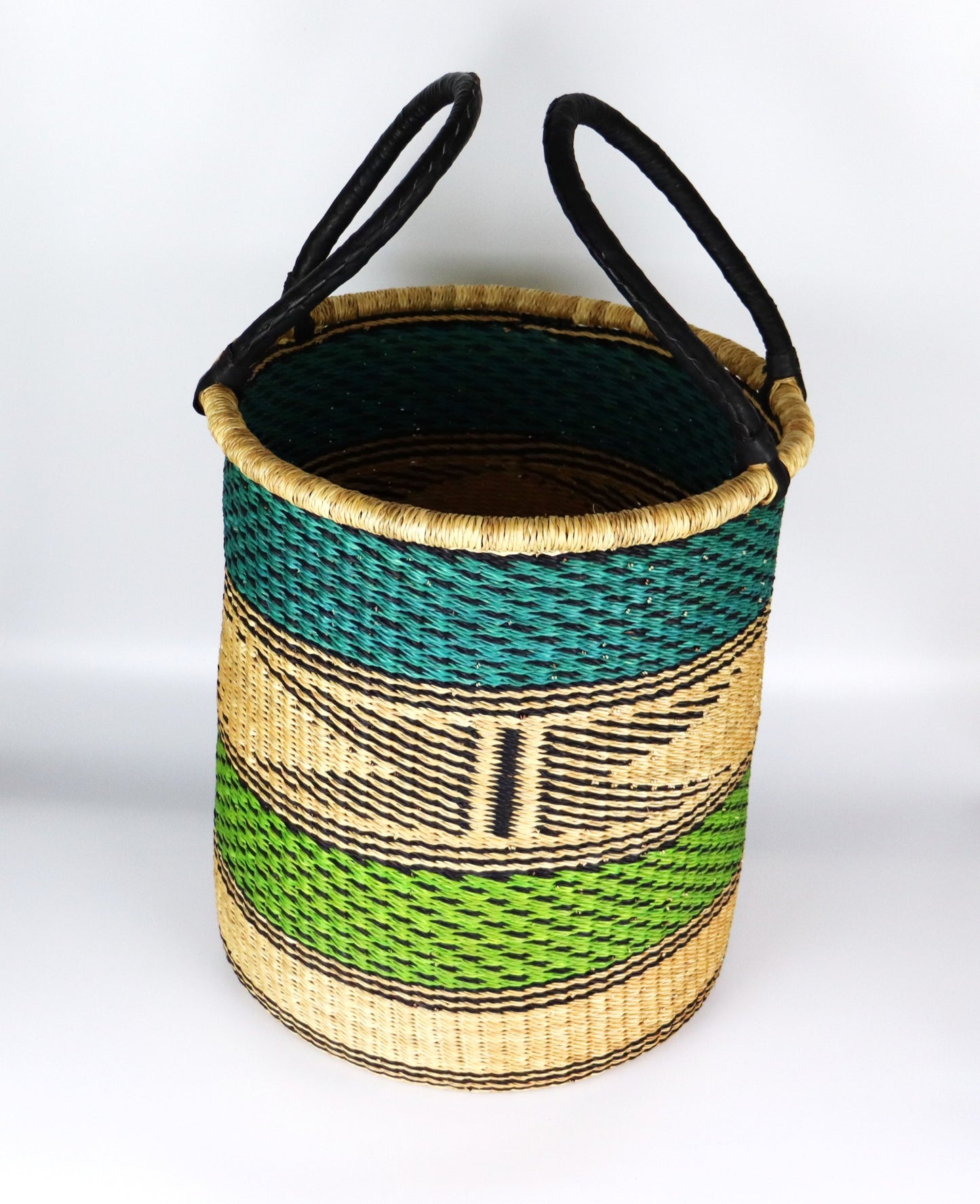 Lime Green, Turquoise, Natural Brown Round Laundry Log basket