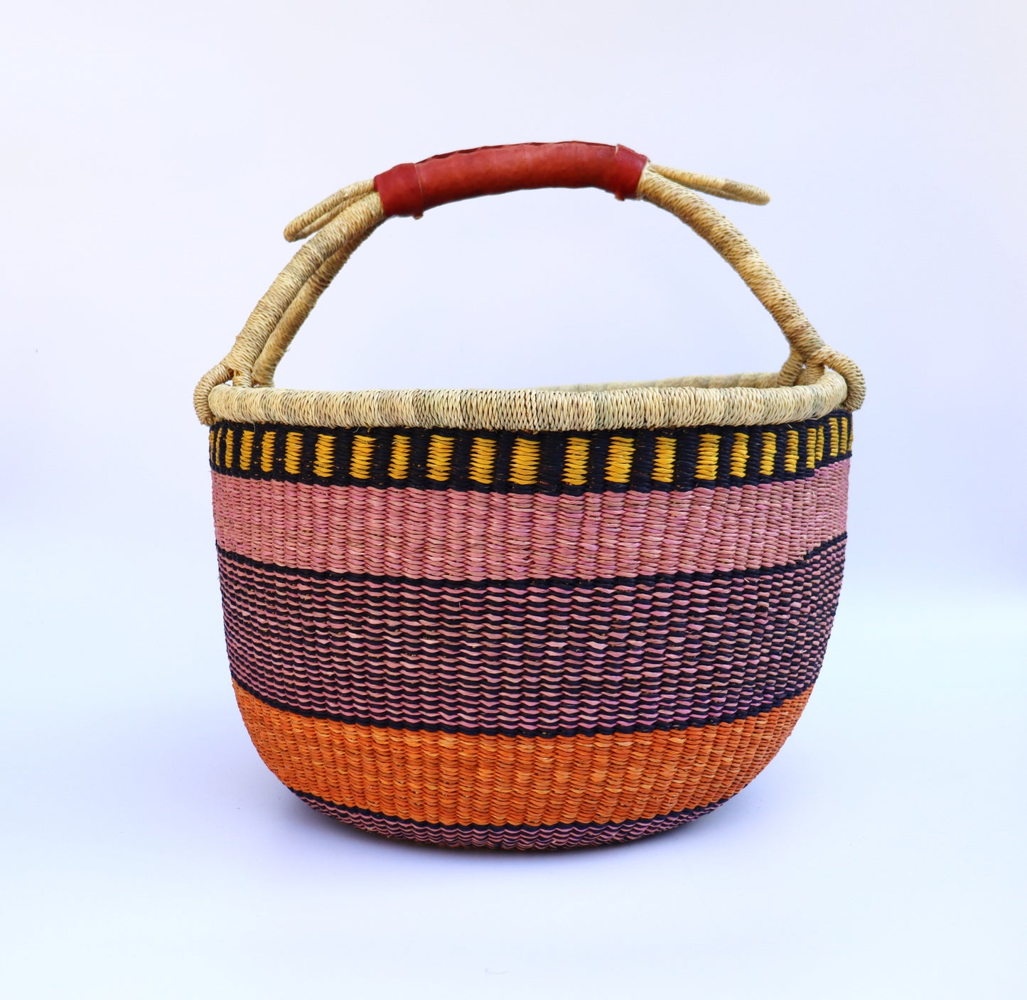 Pink, Orange, Yellow, Black Round Bolga Shopper Basket