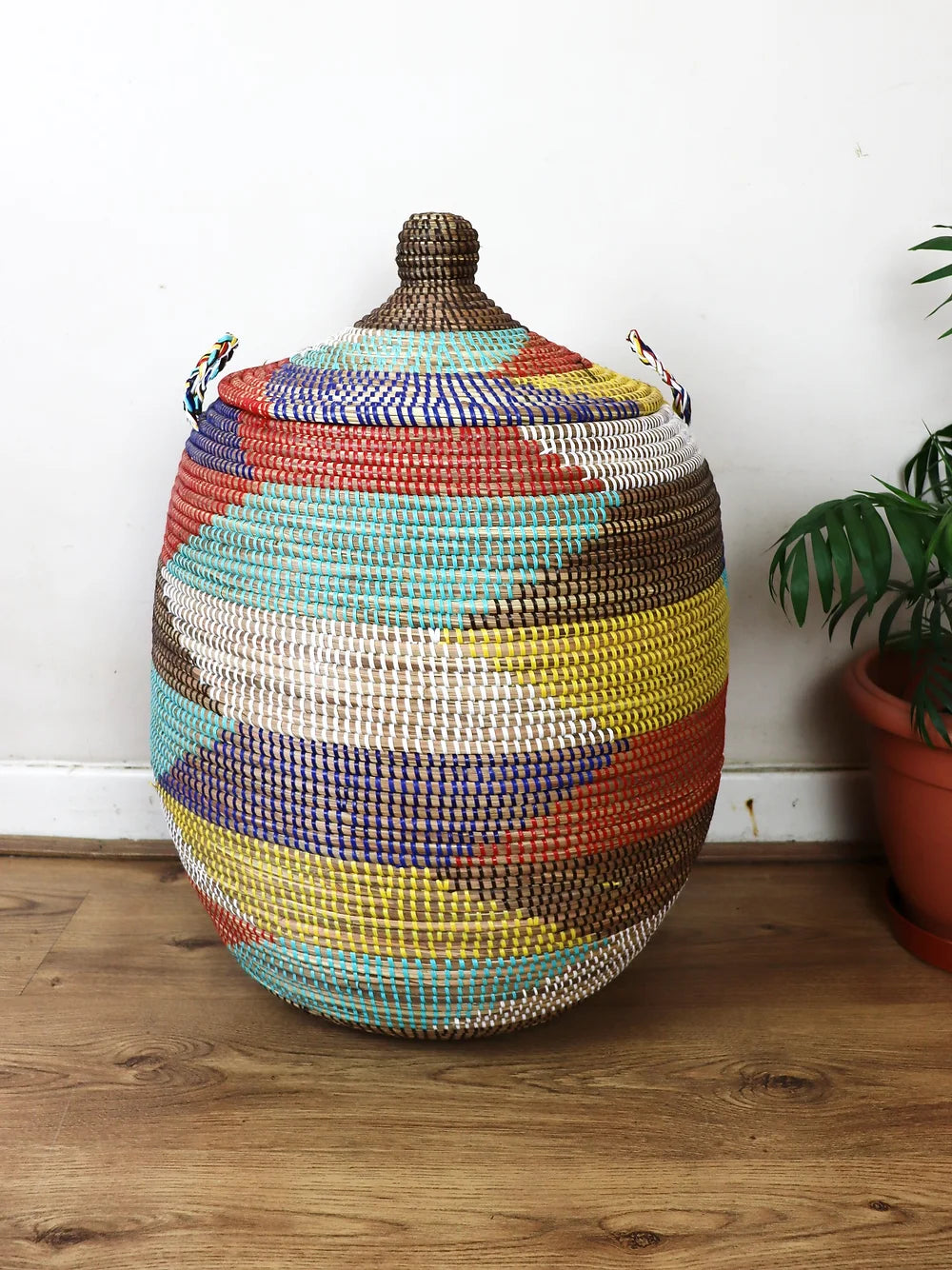 Rainbow African Laundry Basket with Lid – Handmade Senegalese Woven Basket