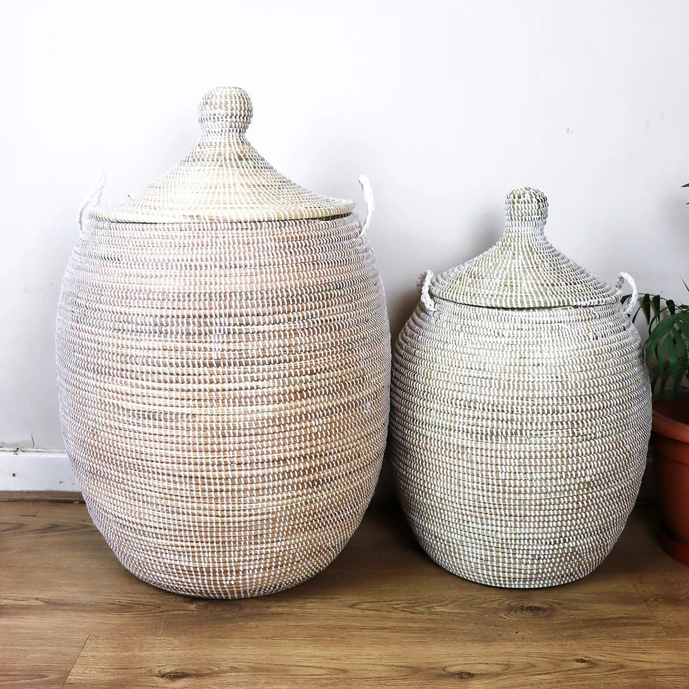 White African Laundry Basket with Lid – Handmade Senegalese Woven Basket
