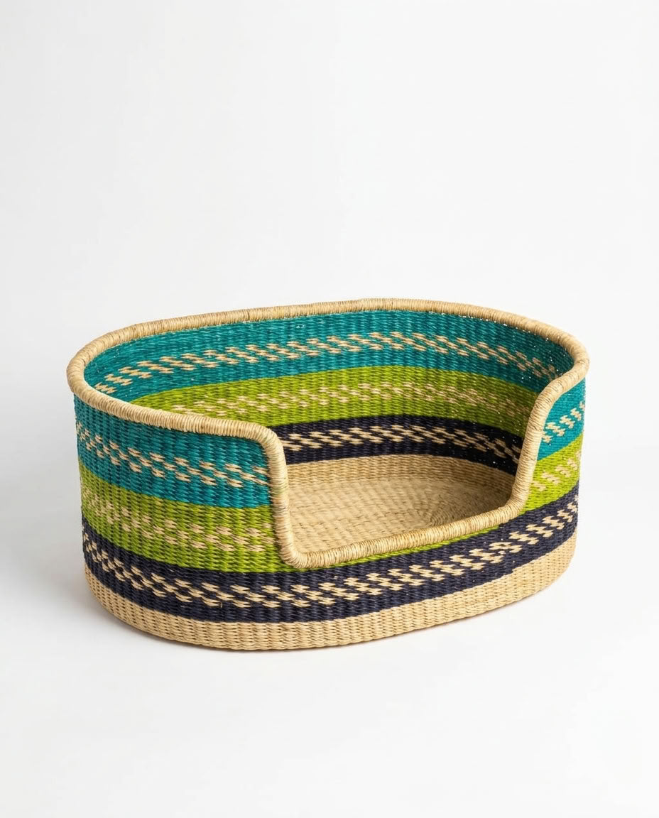 Panier tissé pour chien jaune, noir et marron naturel