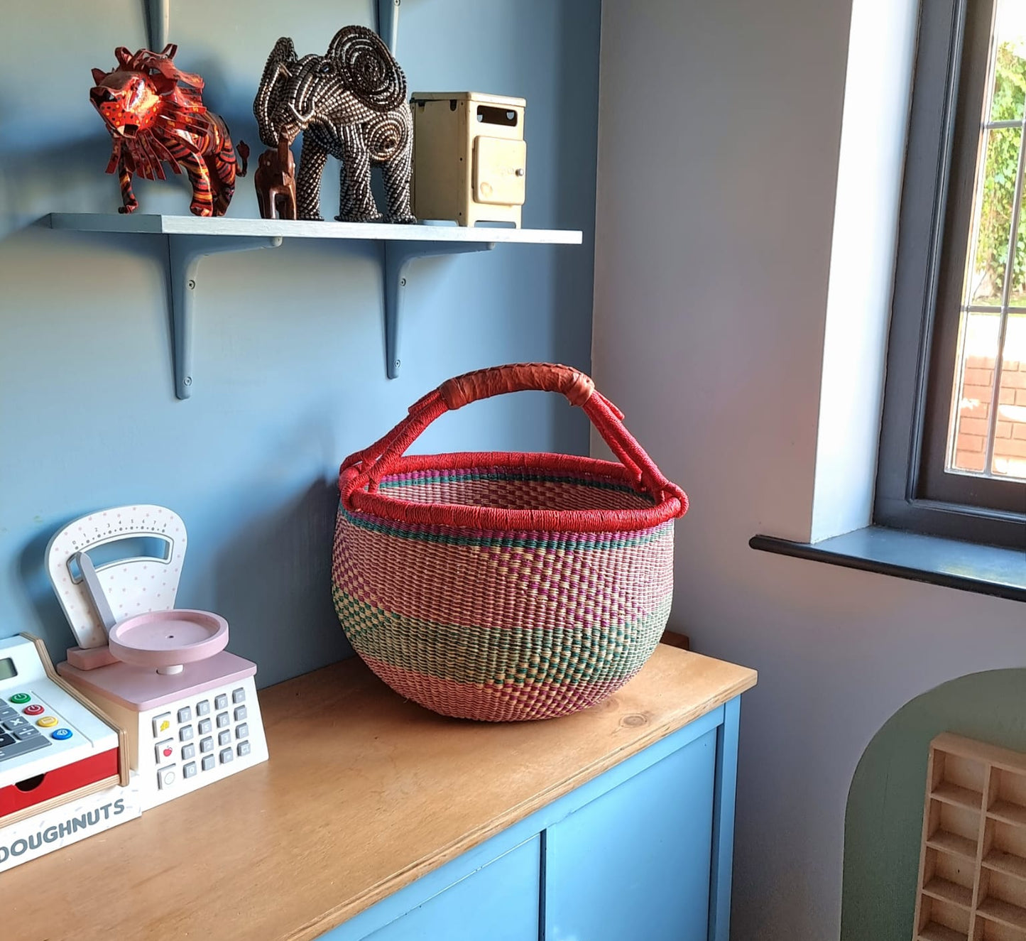 Blue, Pink Round Bolga Shopper Basket