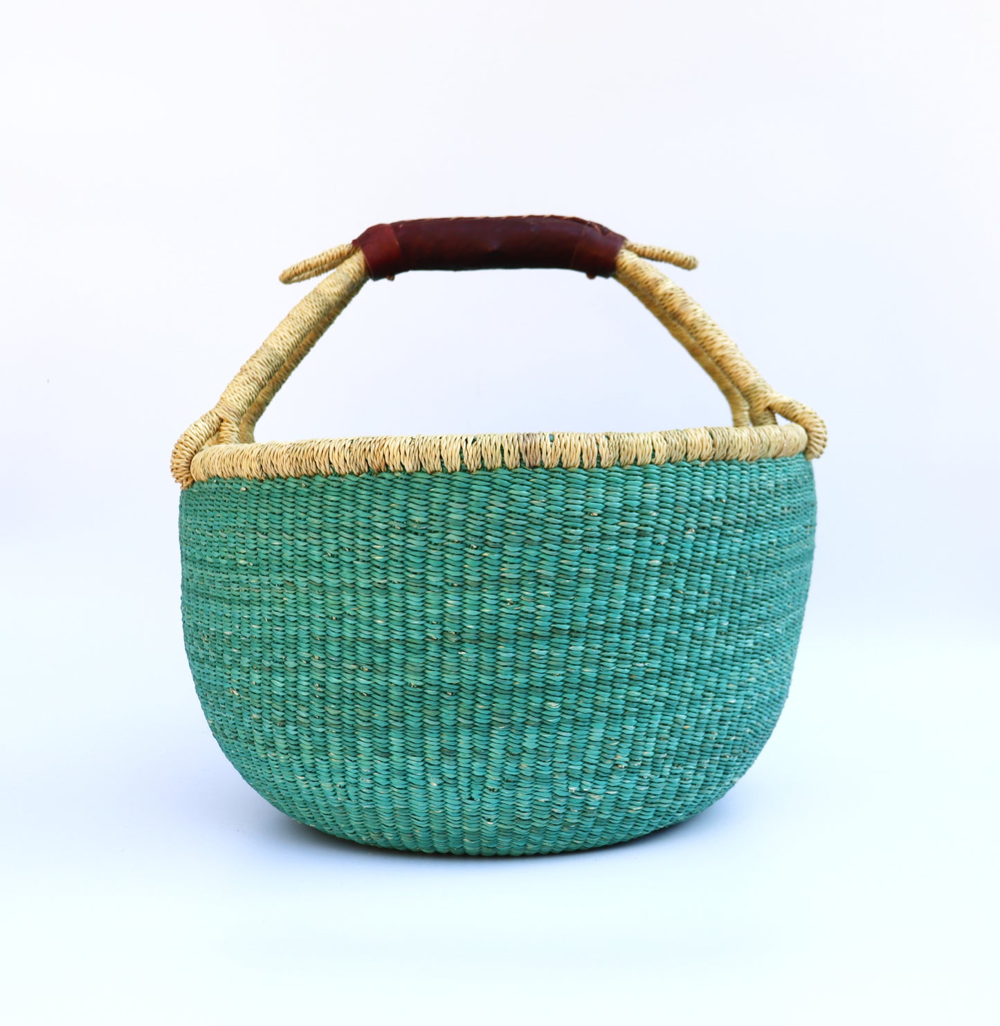 Turquoise Natural Brown Round Bolga Shopper Basket