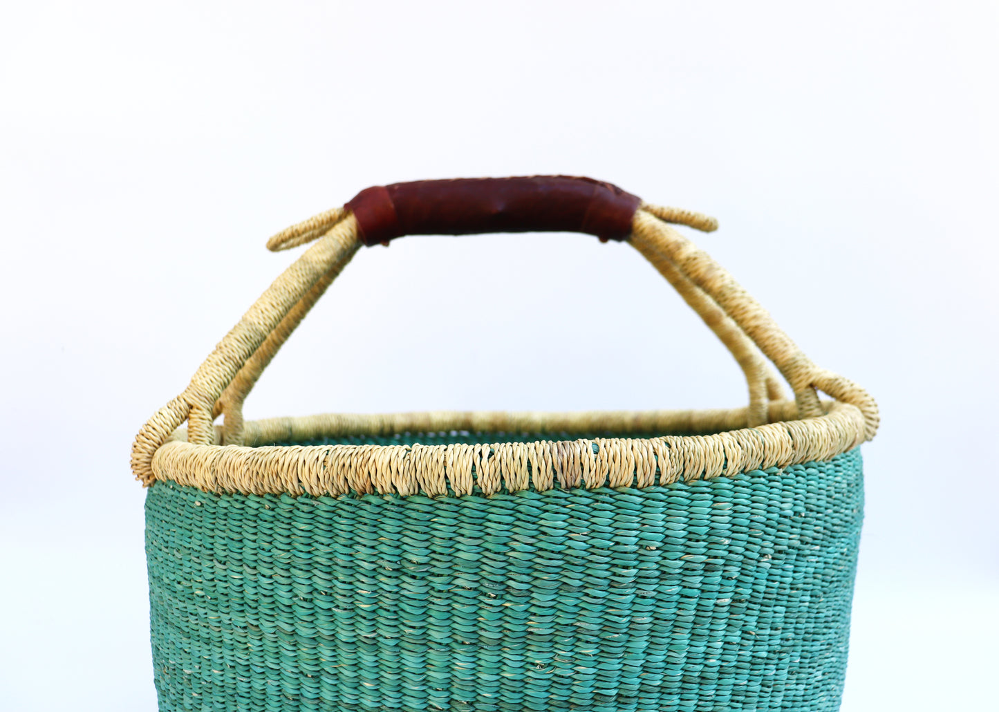 Turquoise Natural Brown Round Bolga Shopper Basket