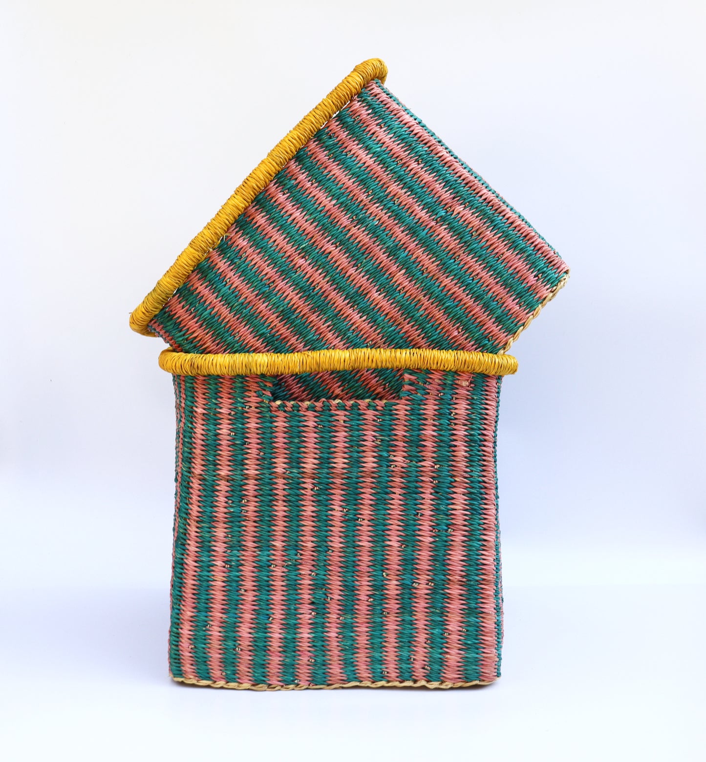 Panier de rangement rectangulaire à rayures roses, jaunes et marron