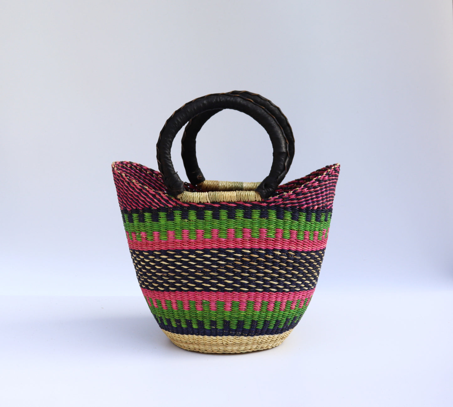 Pink, Green, Black Open Weave Bolga Tote Bag Small