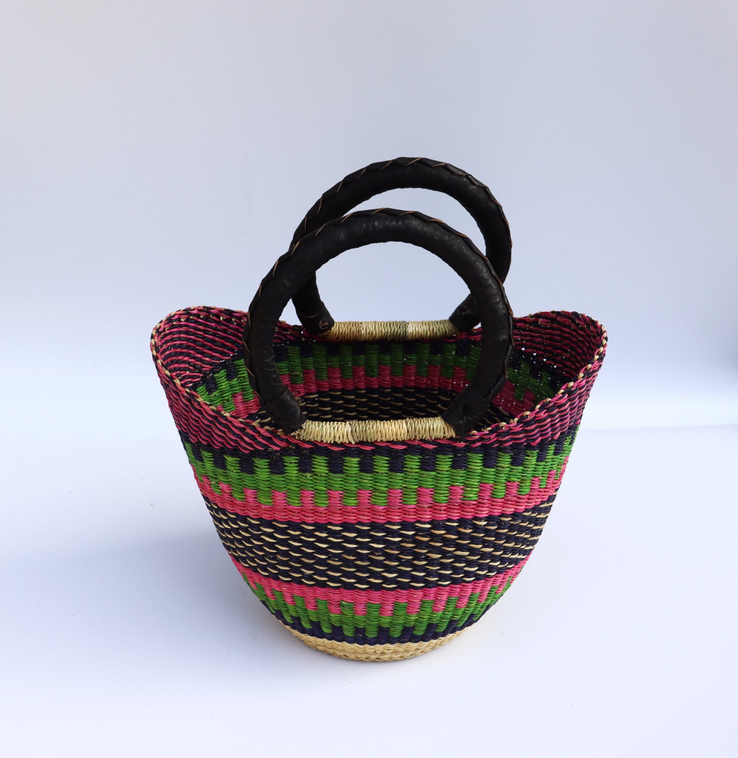 Pink, Green, Black Open Weave Bolga Tote Bag Small