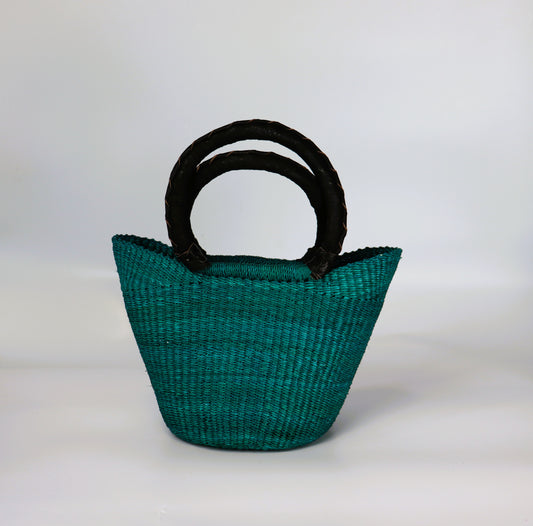 Bolga-Einkaufstasche in offener Webart in Rosa, Türkis und Naturbraun